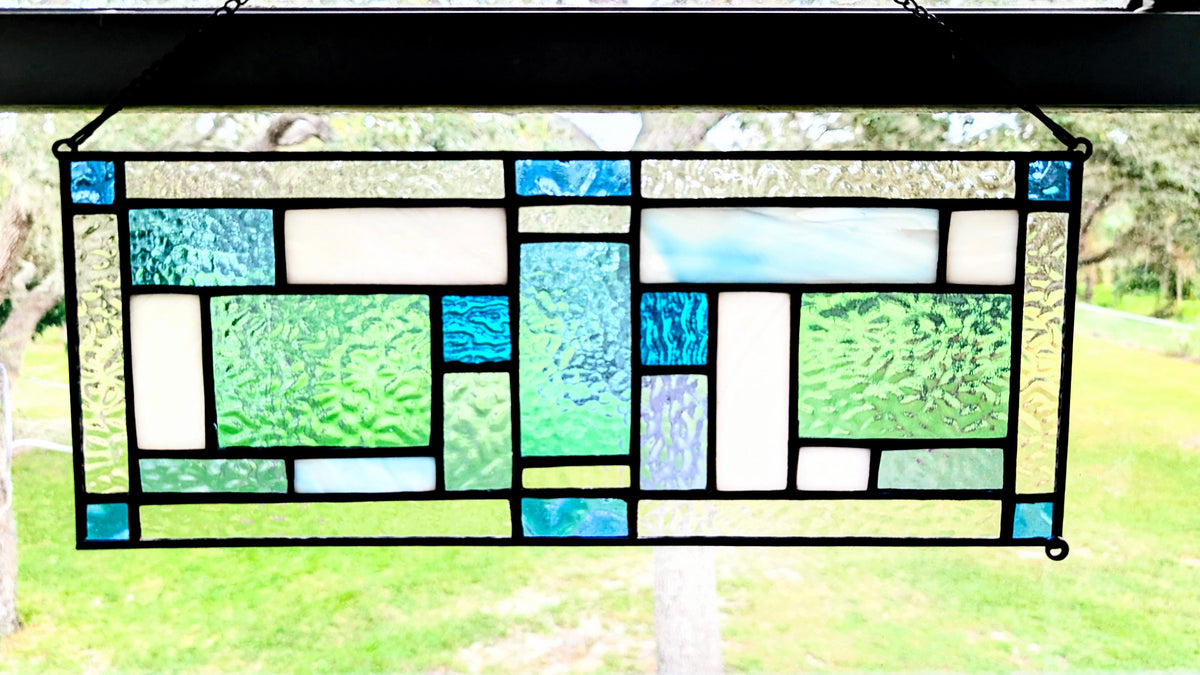Modern Geometric Stained Glass Panel (16W x 6H) - Horizontal or Vertical