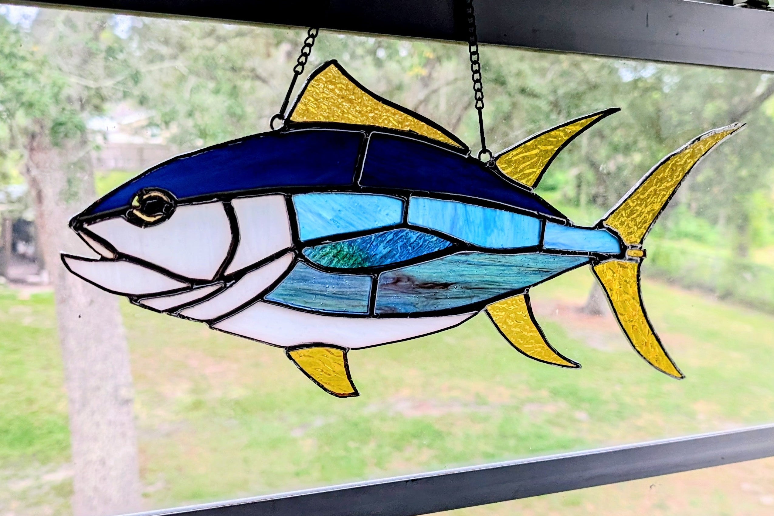 Yellowfin Tuna Stained Glass Suncatcher, Handmade Fishing Wall Art, Ahi Tuna Decor, Fisherman Gift, Coastal Beach House Decor, 17 x 7