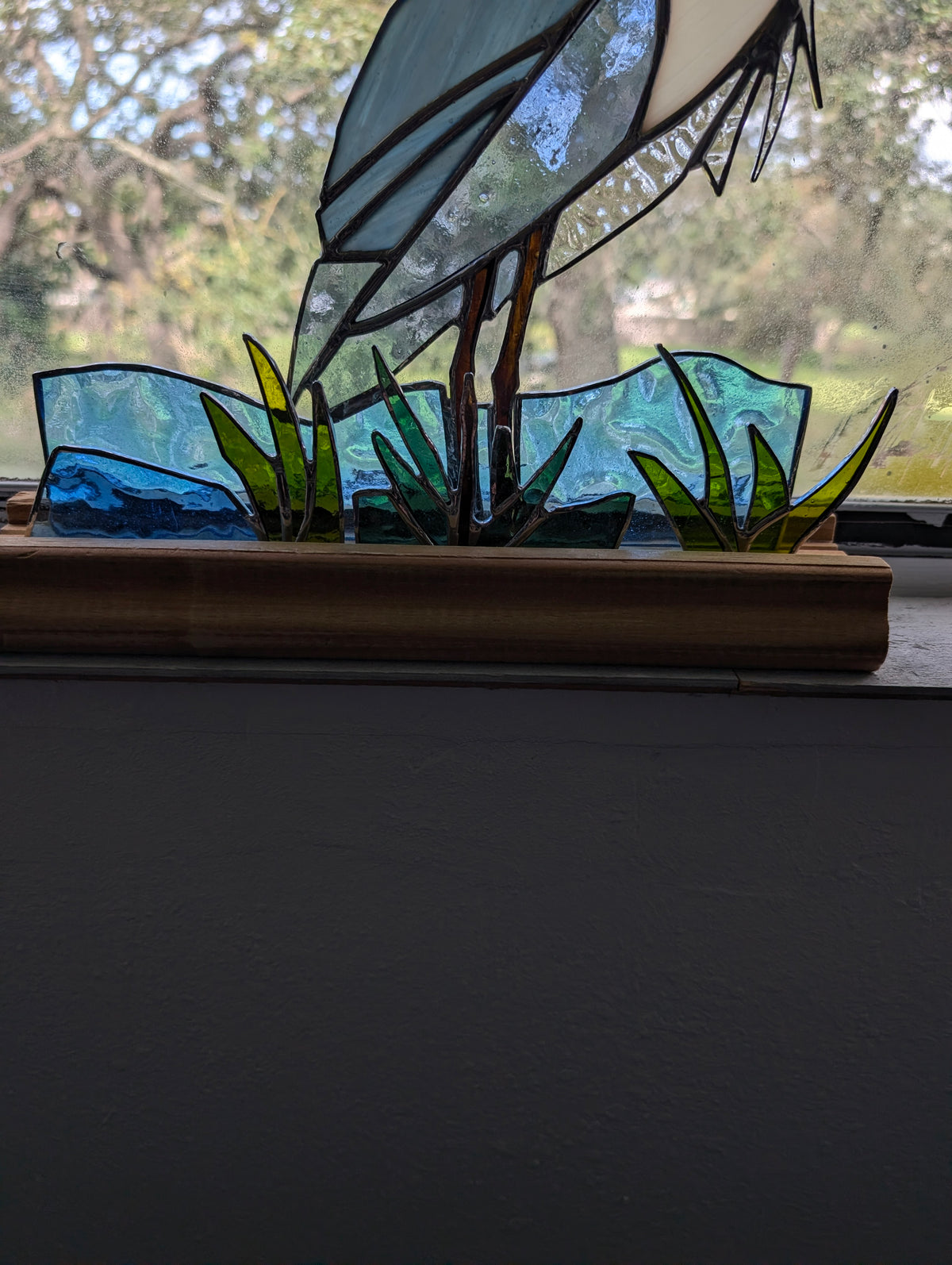 Stained Glass Blue Heron with Marsh and Water, Freestanding 5 piece set