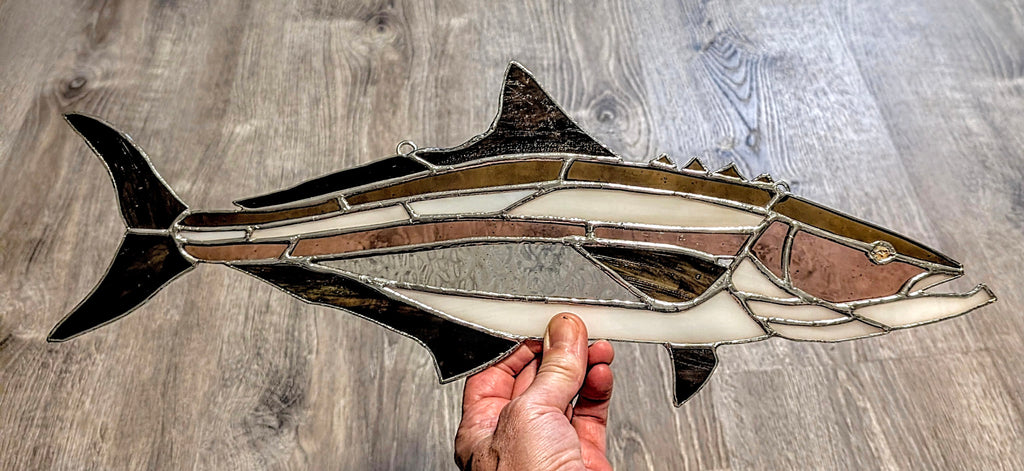 Cobia Stained Glass Suncatcher, Handmade Saltwater Fish Art, Coastal Window Hanging, Fishing Gift, Beach House Decor, 19 x 9