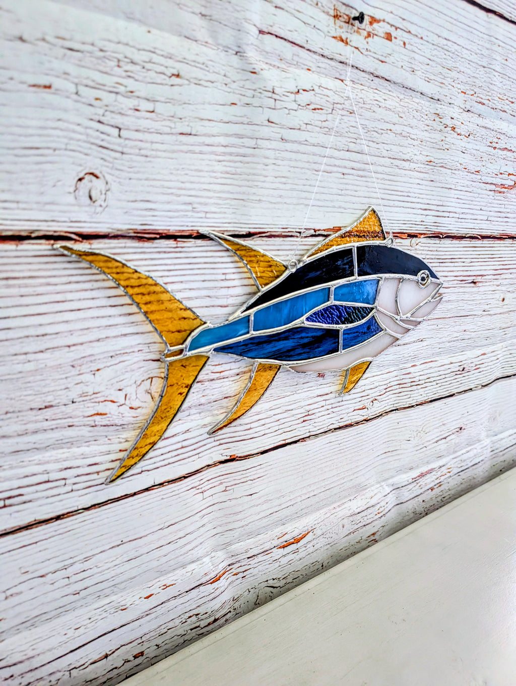 Yellowfin Tuna Stained Glass Suncatcher, Handmade Fishing Wall Art, Ahi Tuna Decor, Fisherman Gift, Coastal Beach House Decor, 17 x 7