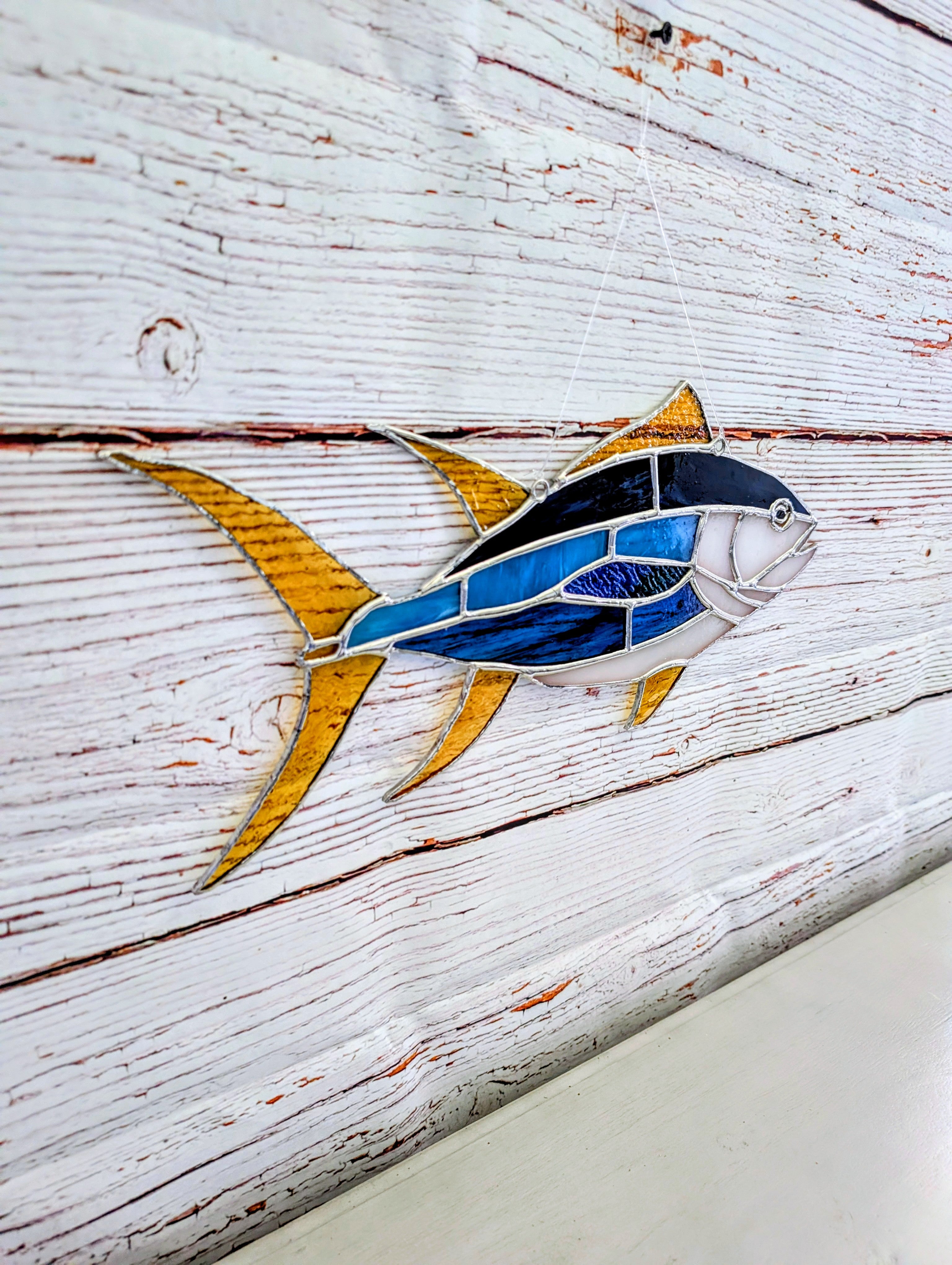 Yellowfin Tuna Stained Glass Suncatcher, Handmade Fishing Wall Art, Ahi Tuna Decor, Fisherman Gift, Coastal Beach House Decor, 17 x 7