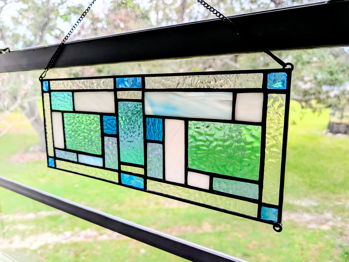 Modern Geometric Stained Glass Panel (16W x 6H) - Horizontal or Vertical