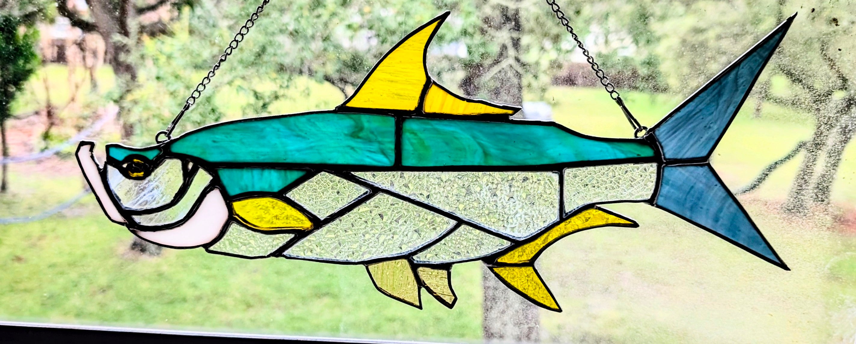 Stained Glass Tarpon Fish Suncatcher, Sportfishing Gift, Coastal Beach House Window Decor, Florida Fly Fishing Art Panel (16W x 7H)