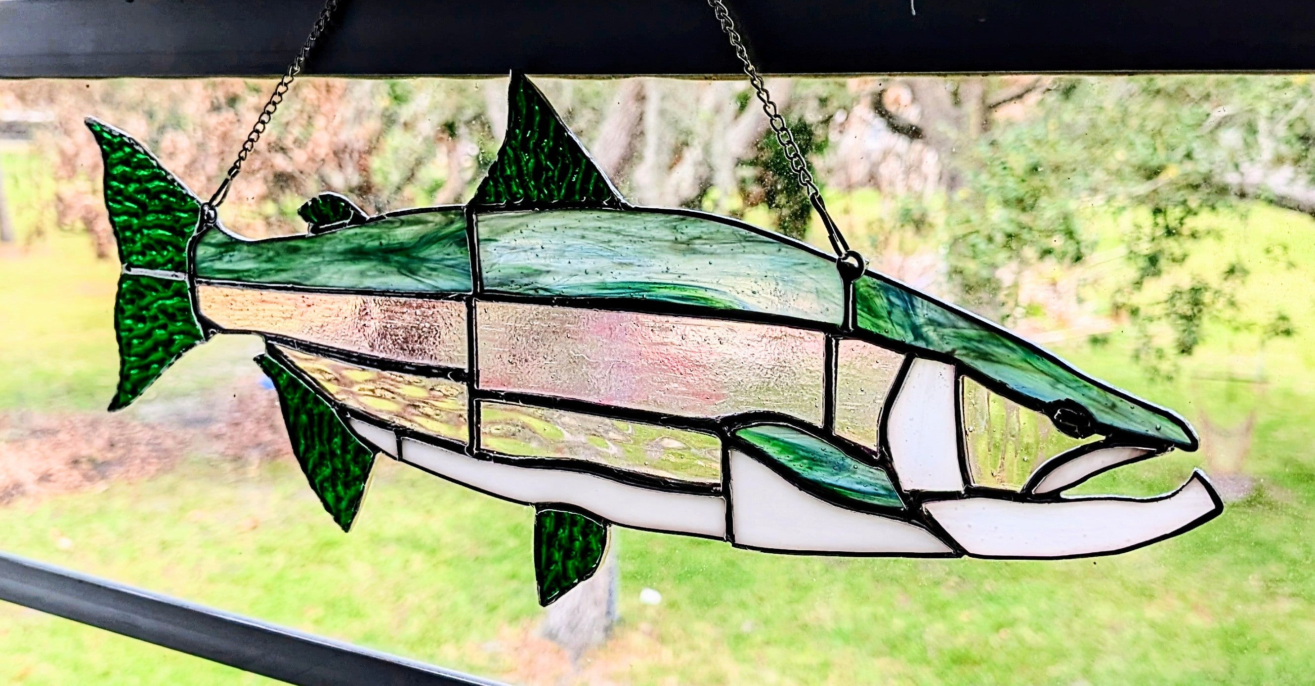 Stained Glass Lake Trout Suncatcher, Freshwater Fishing Gift for Men, Great Lakes Cabin Window Decor, Lake House Luxury Art Panel (20x8)