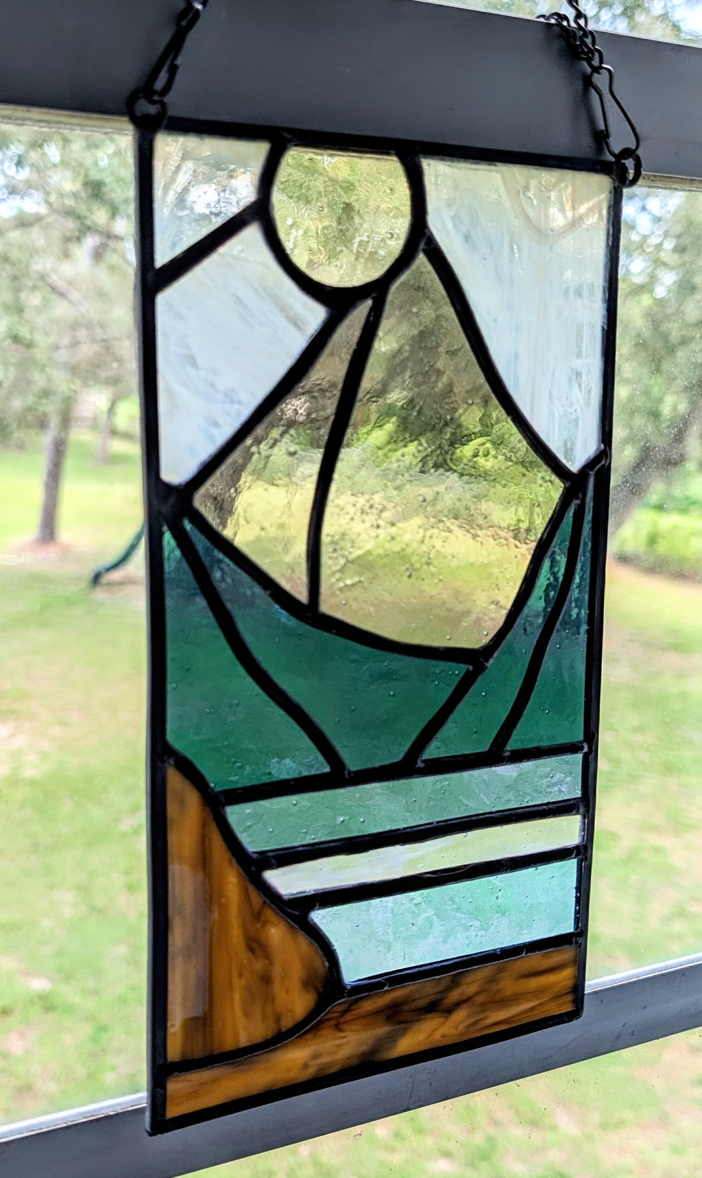 Stained Glass Mountain Suncatcher Panel, Sunset Landscape Window Hanging Art, Boho Cabin Decor, Lake House Panel Art, 5.5x8.5.