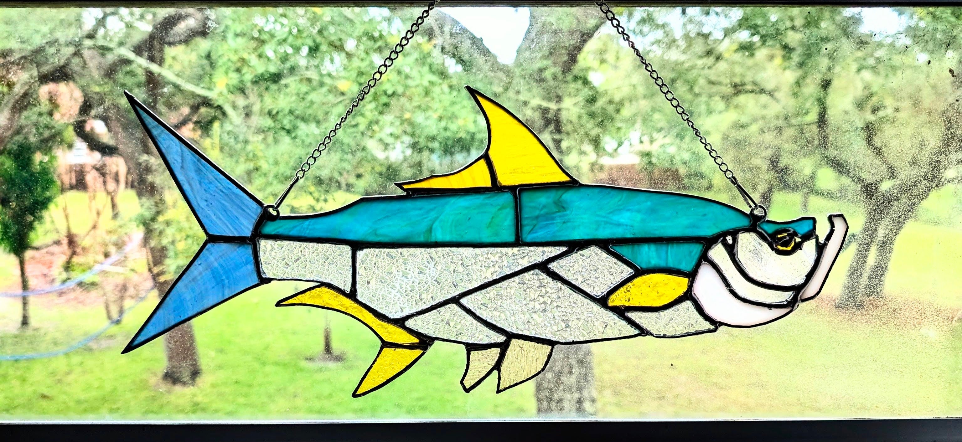 Stained Glass Tarpon Fish Suncatcher, Sportfishing Gift, Coastal Beach House Window Decor, Florida Fly Fishing Art Panel (16W x 7H)