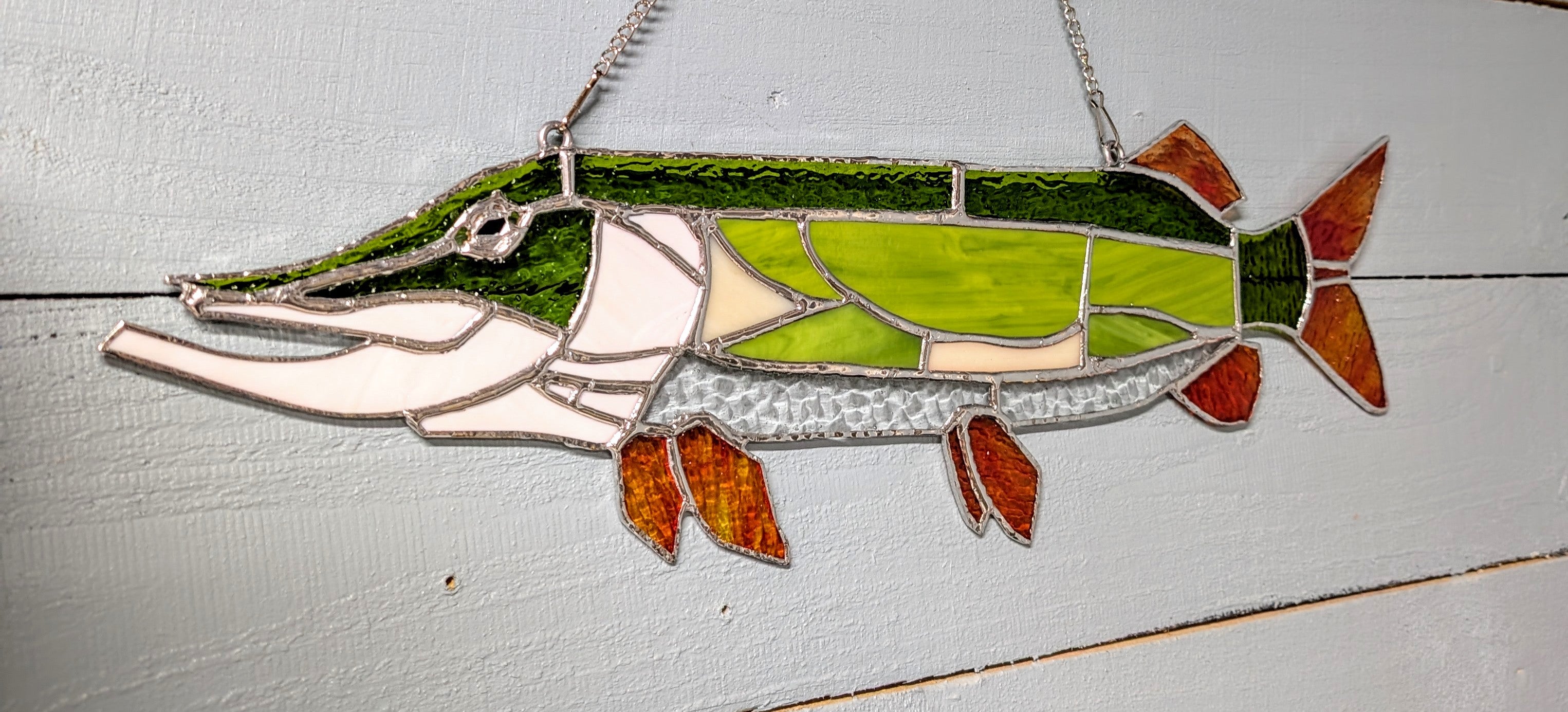 Stained Glass Northern Pike Suncatcher, Freshwater Fishing Wall Decor, Lake House Window Hanging, Fisherman Gift for Men (21x7)