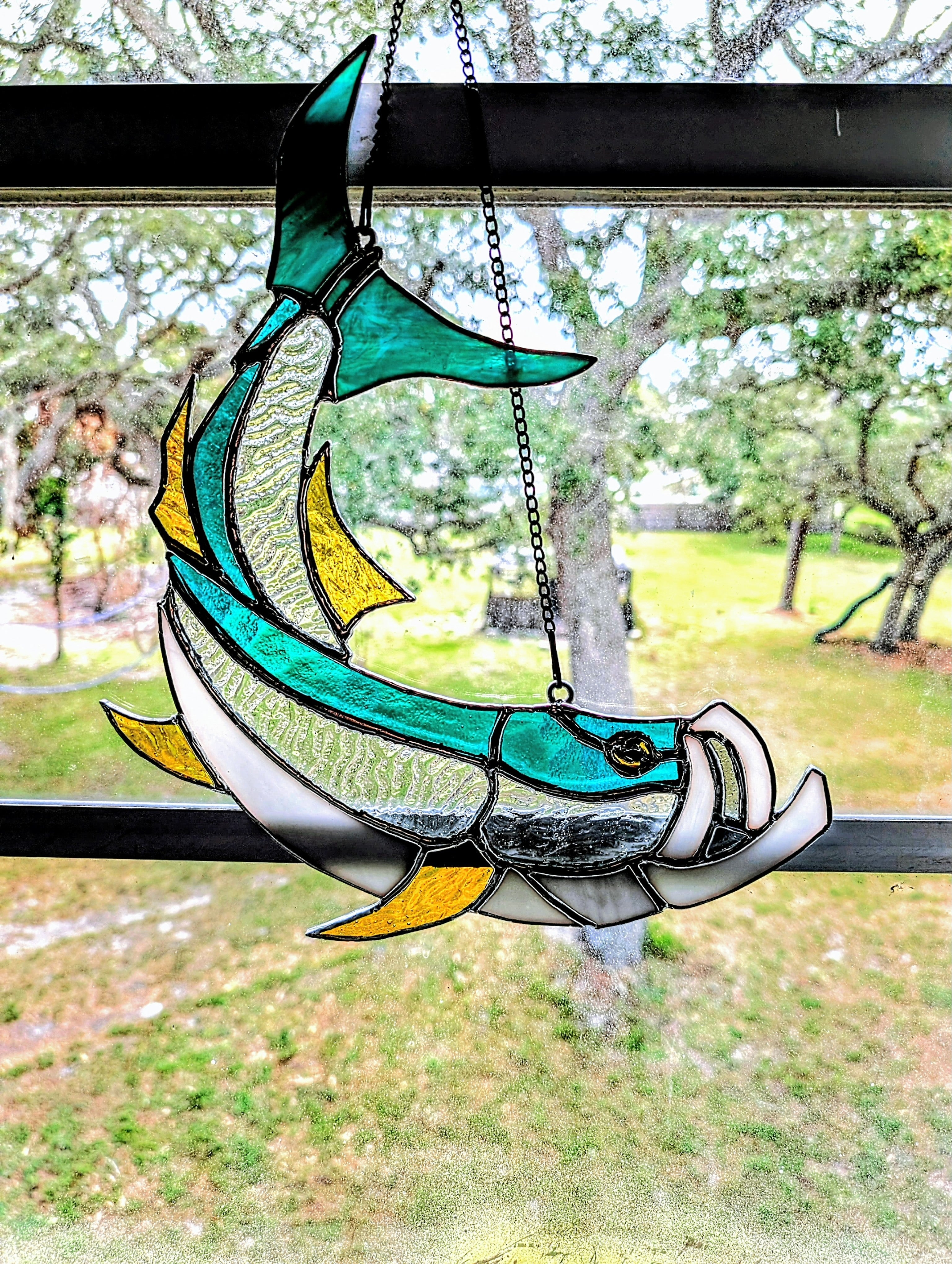 Stained Glass Tarpon Fish Suncatcher, Sportfishing Gift for Men, Coastal Beach House Window Decor, Florida Fly Fishing Art Panel (12W x 13H)