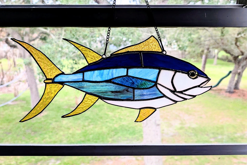 Yellowfin Tuna Stained Glass Suncatcher, Handmade Fishing Wall Art, Ahi Tuna Decor, Fisherman Gift, Coastal Beach House Decor, 17 x 7