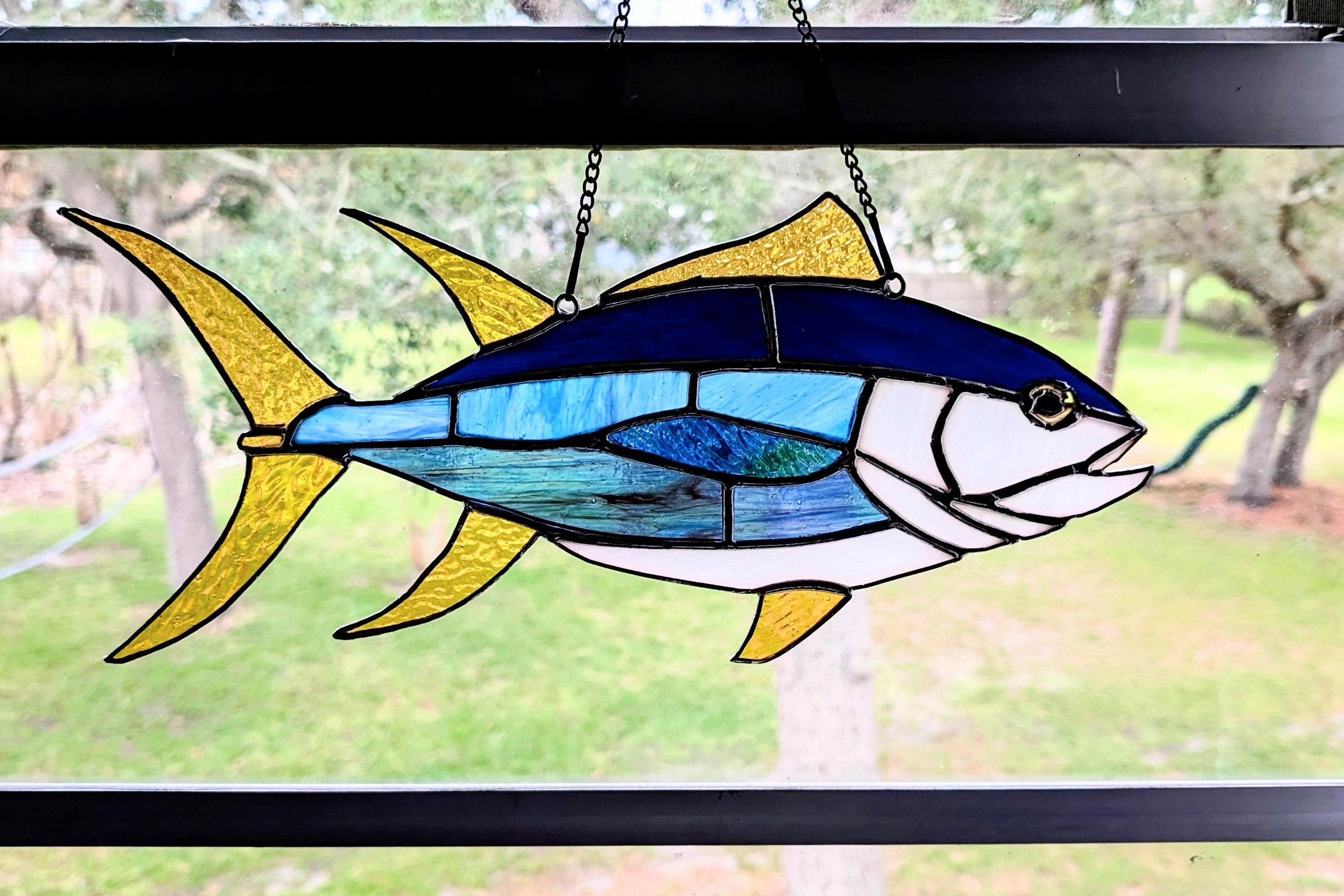 Yellowfin Tuna Stained Glass Suncatcher, Handmade Fishing Wall Art, Ahi Tuna Decor, Fisherman Gift, Coastal Beach House Decor, 17 x 7