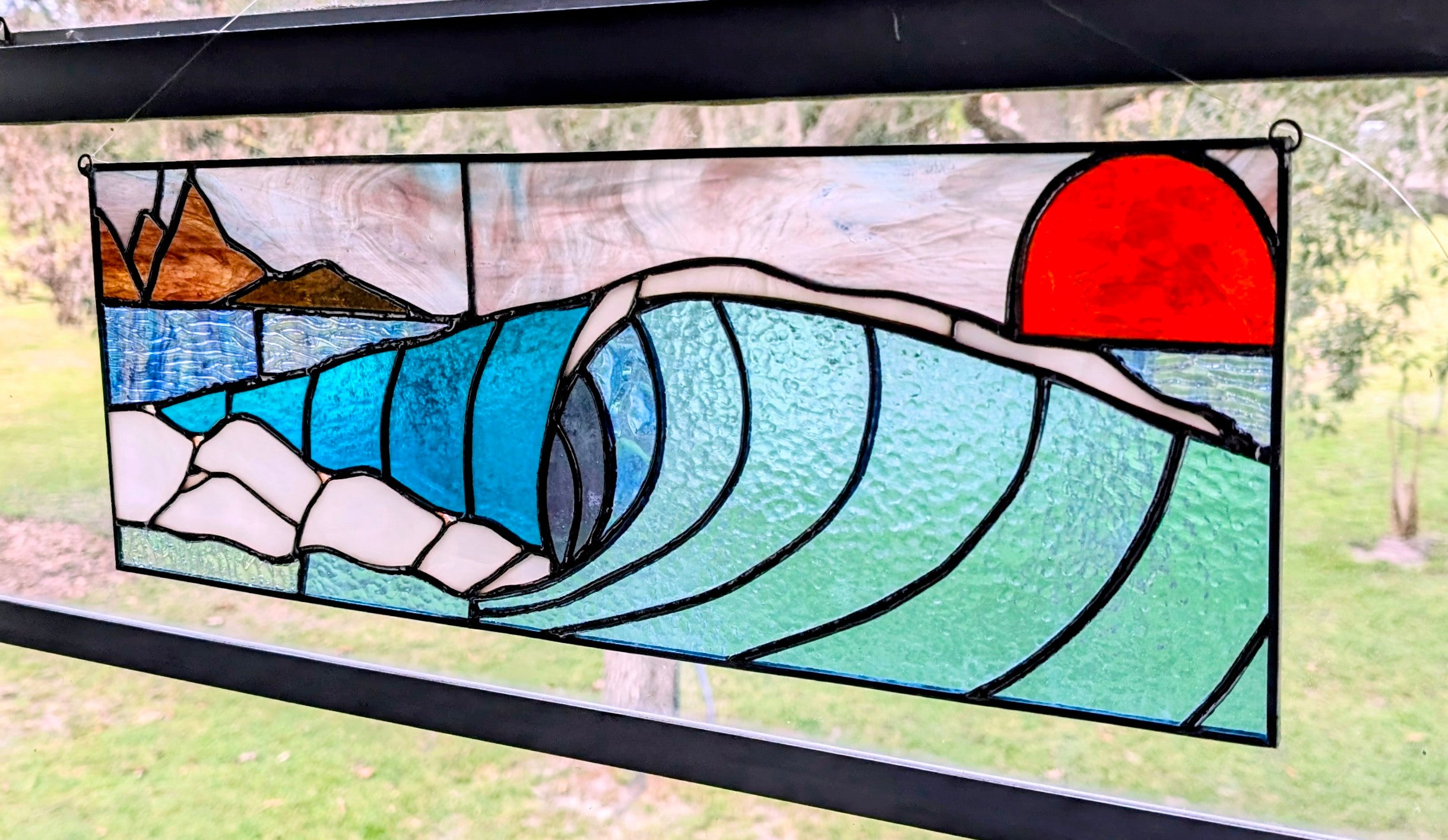 Handmade Stained Glass Ocean Wave Window Panel - Sunset Seascape Landscape Wall Art - 21x8 Luxury Coastal Beach House Decor
