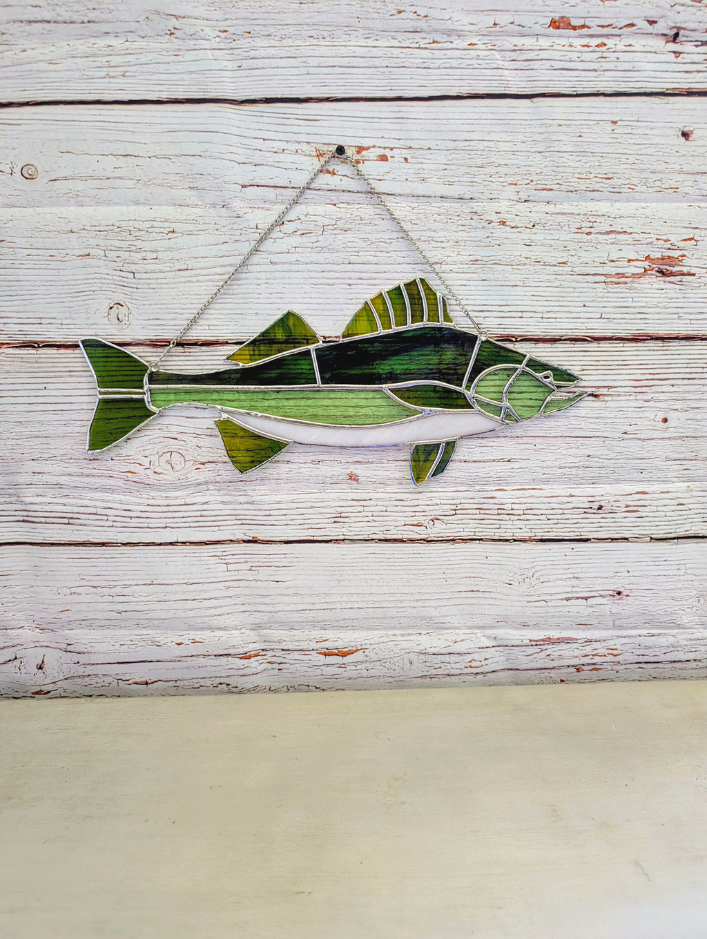 Stained Glass Walleye Fish Suncatcher, Freshwater Sportfishing Home Decor, Cabin Window Decor, Lake House Luxury Art Panel (18x8)