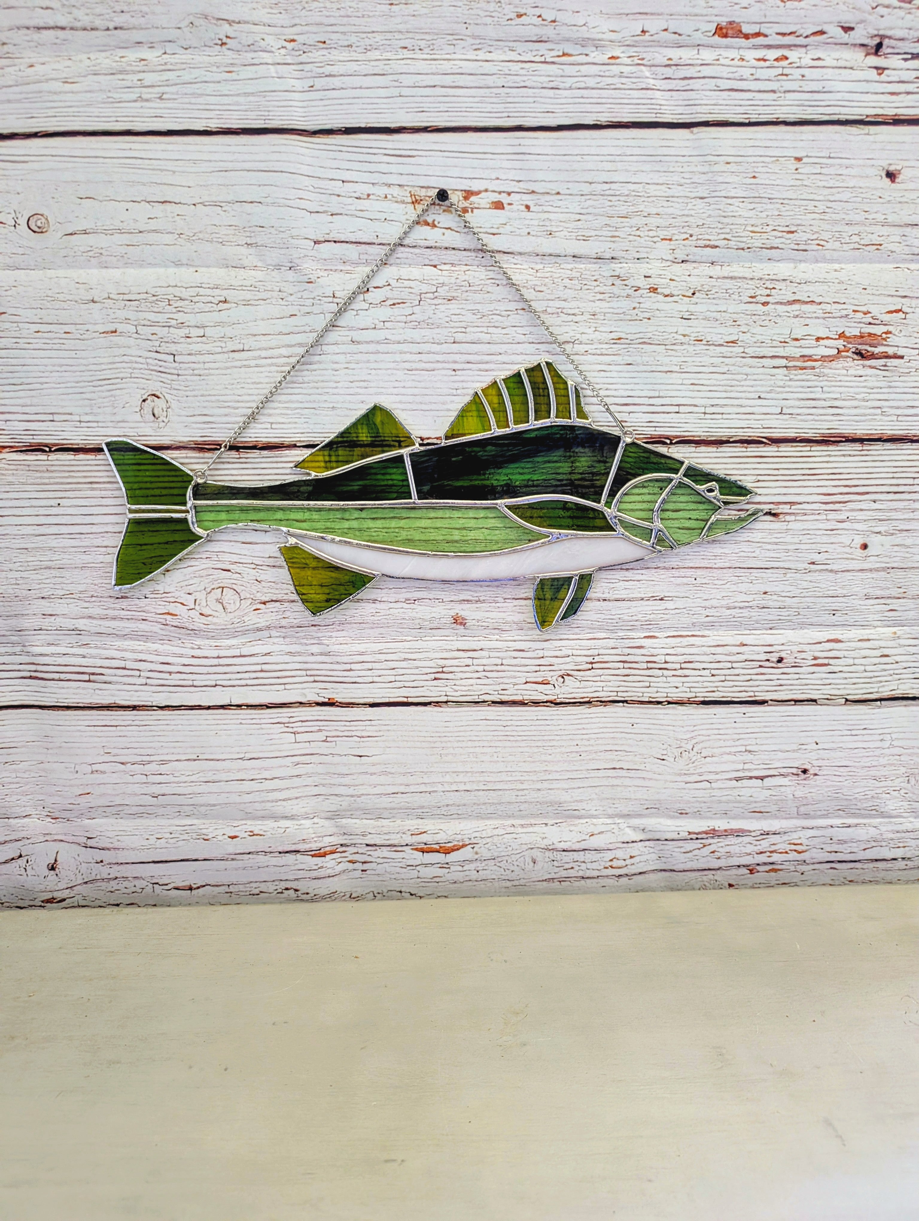 Stained Glass Walleye Fish Suncatcher, Freshwater Sportfishing Home Decor, Cabin Window Decor, Lake House Luxury Art Panel (18x8)