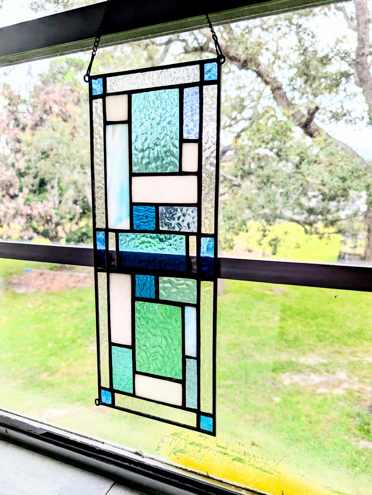 Modern Geometric Stained Glass Panel (16W x 6H) - Horizontal or Vertical
