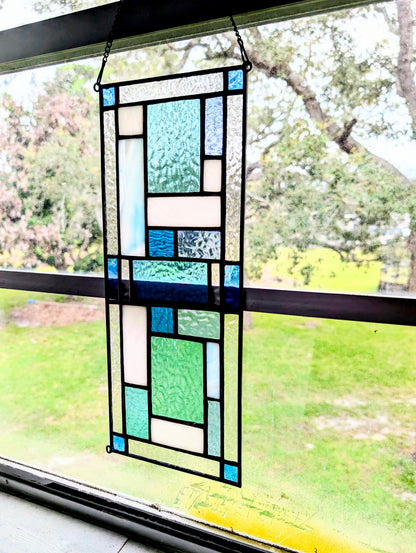 Modern Geometric Stained Glass Panel (16W x 6H) - Horizontal or Vertical