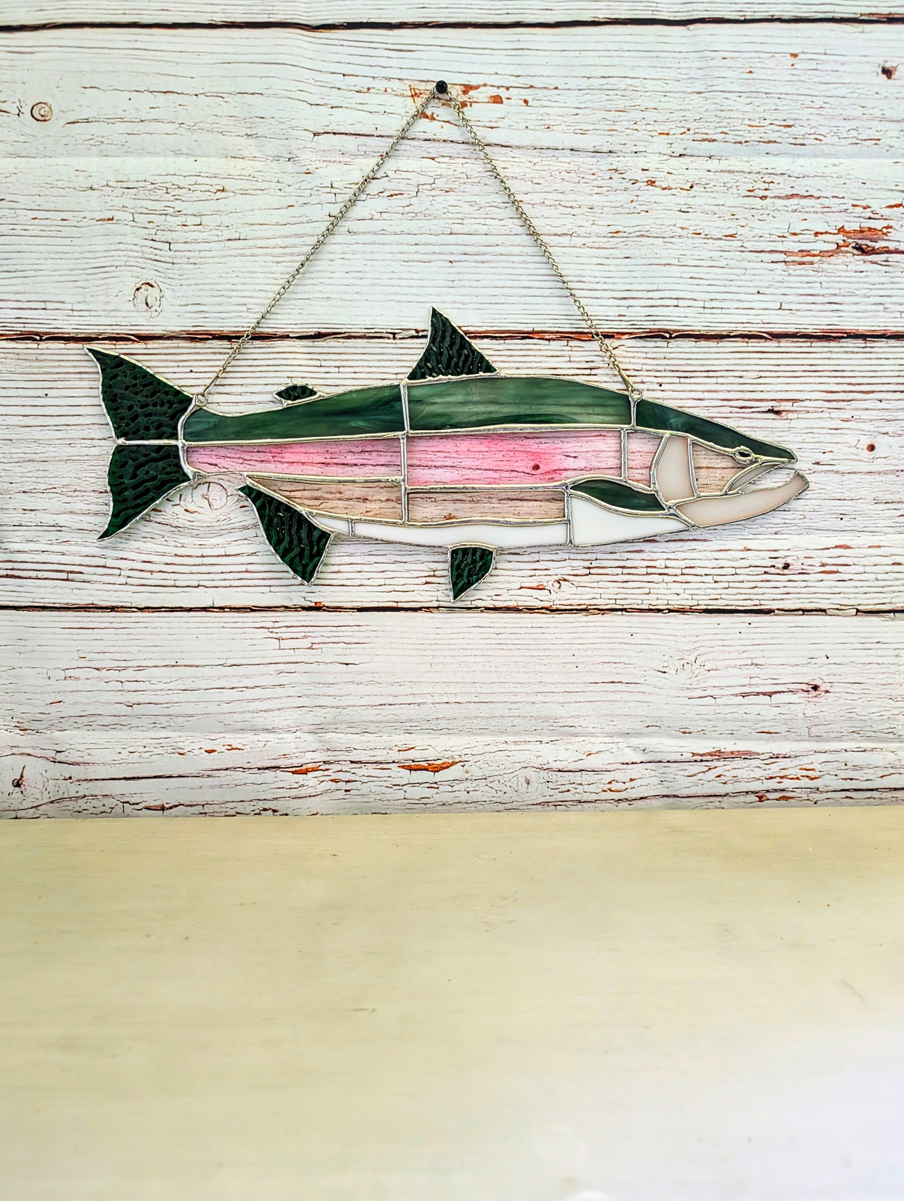 Stained Glass Lake Trout Suncatcher, Freshwater Fishing Gift for Men, Great Lakes Cabin Window Decor, Lake House Luxury Art Panel (20x8)