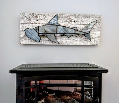 Stained Glass Hammerhead Shark on Driftwood Mount (26Wx10H)
