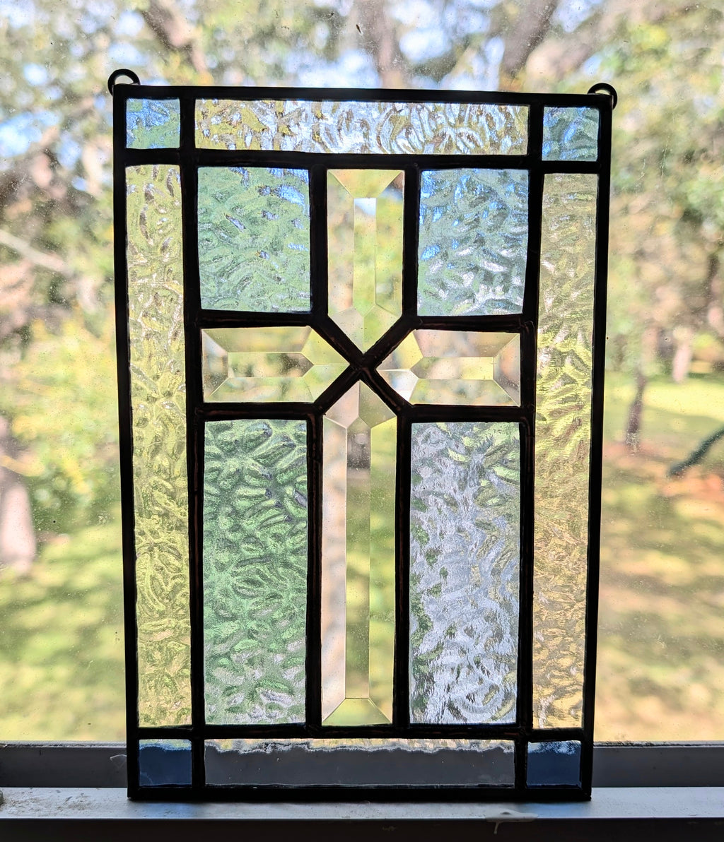 Stained Glass Beveled Cross Panel, Handmade Christian Window Hanging,  Blue & Clear Glass Suncatcher, Came Border Faith Decor or Gift, 6x9