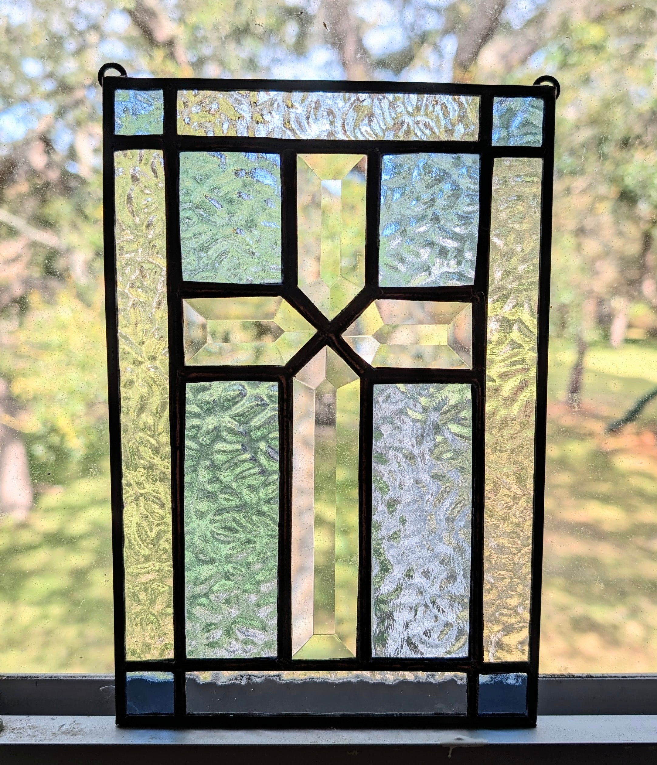 Stained Glass Beveled Cross Panel, Handmade Christian Window Hanging,  Blue & Clear Glass Suncatcher, Came Border Faith Decor or Gift, 6x9