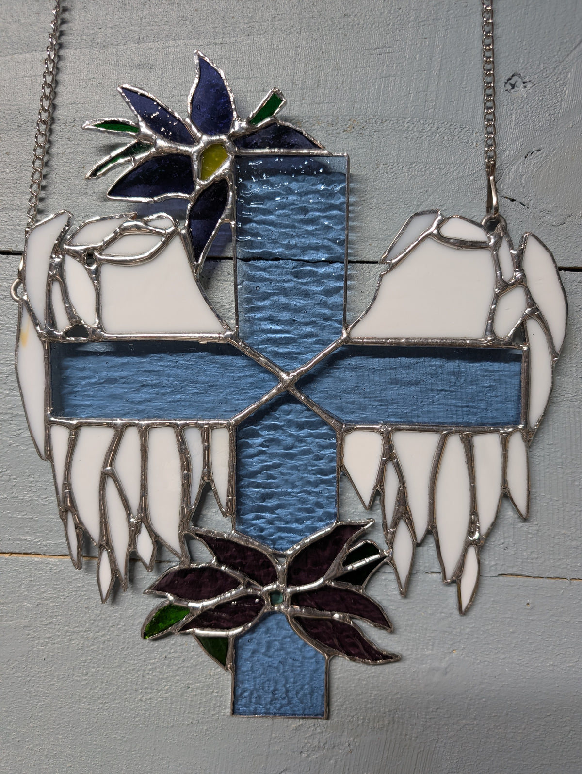 Stained Glass Cross with Angel Wings & Flowers (9W x 11H)