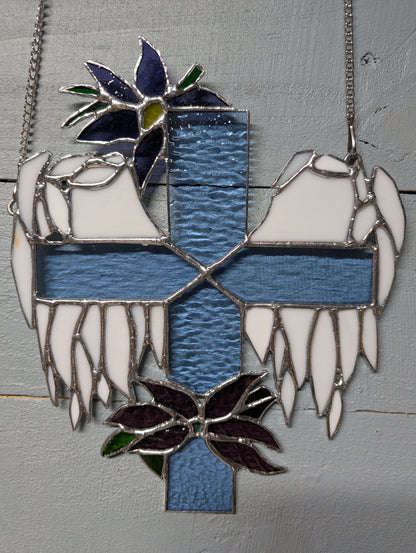 Stained Glass Cross with Angel Wings & Flowers (9W x 11H)