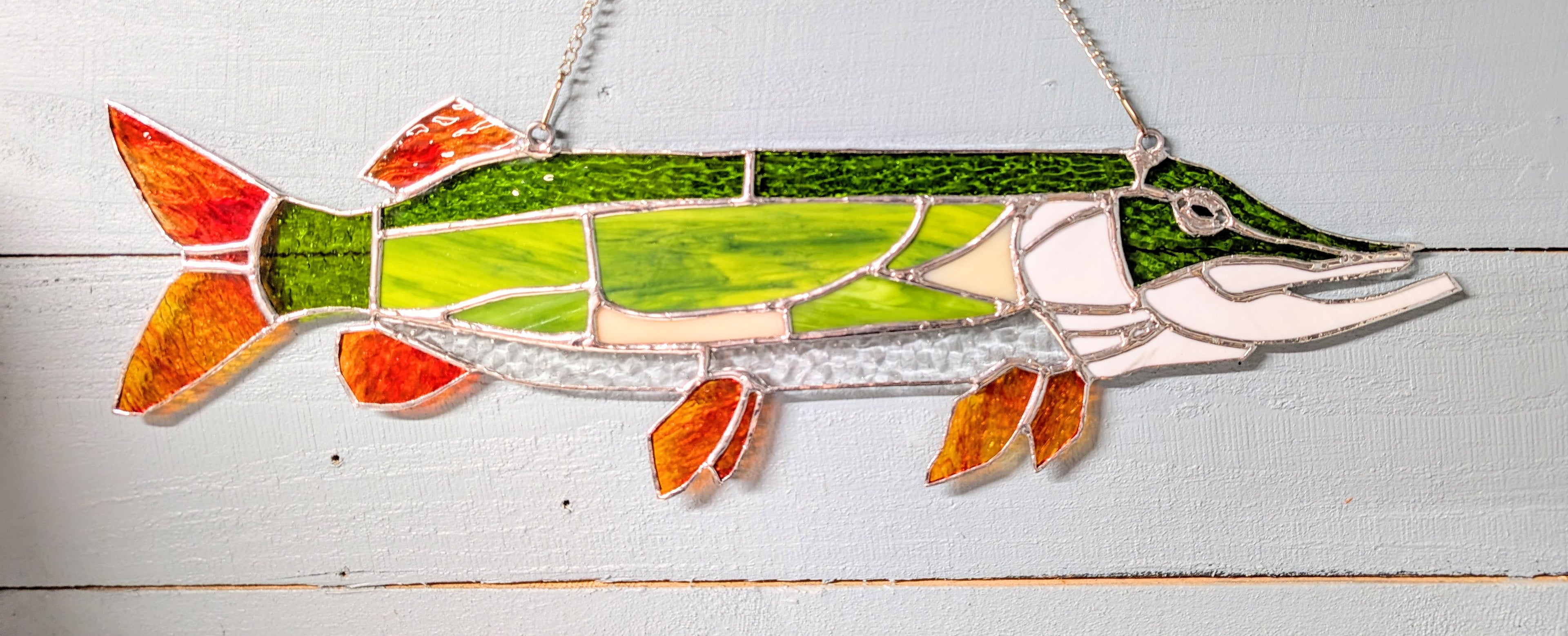 Stained Glass Northern Pike Suncatcher, Freshwater Fishing Wall Decor, Lake House Window Hanging, Fisherman Gift for Men (21x7)