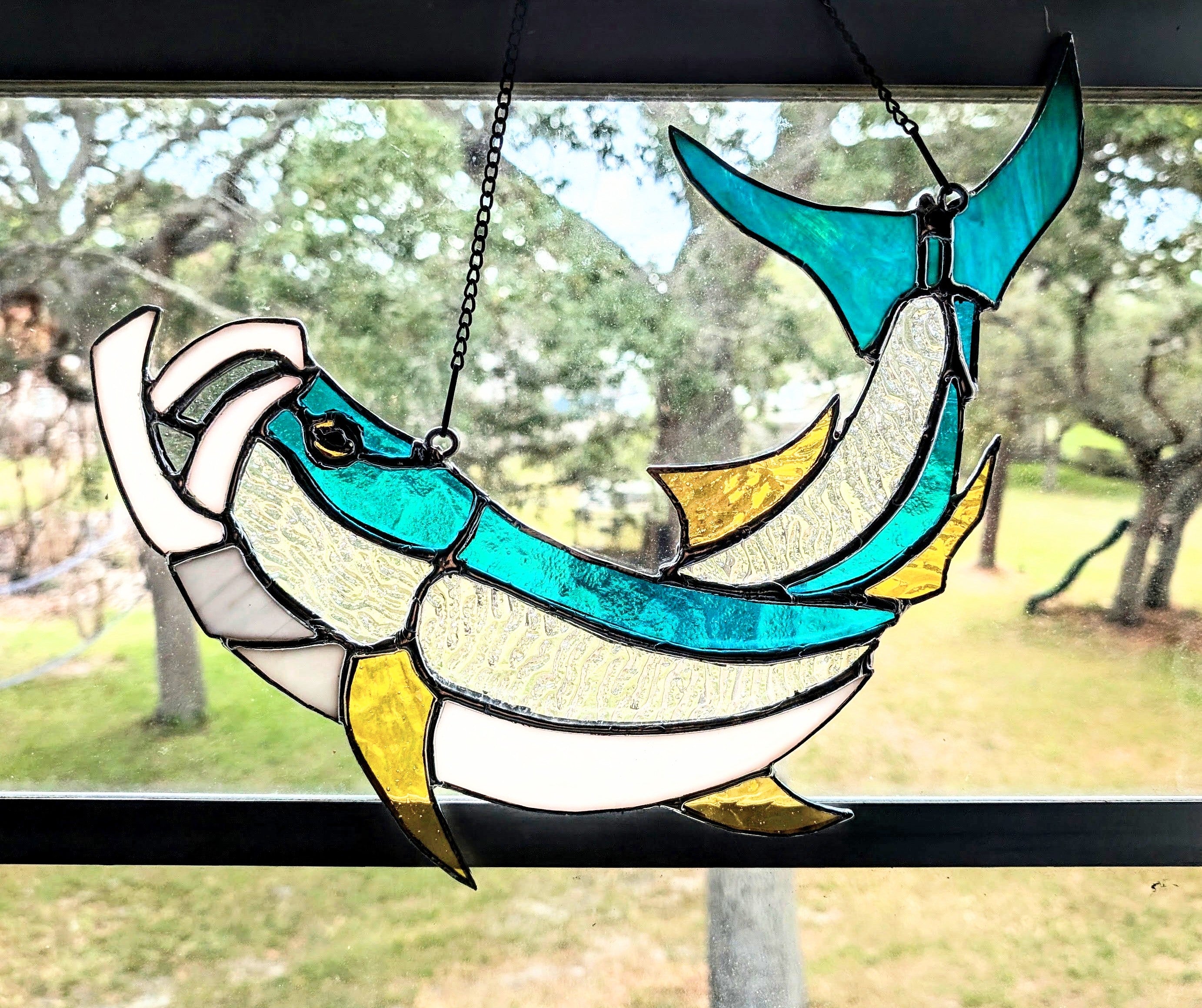 Stained Glass Tarpon Fish Suncatcher, Sportfishing Gift for Men, Coastal Beach House Window Decor, Florida Fly Fishing Art Panel (12W x 13H)