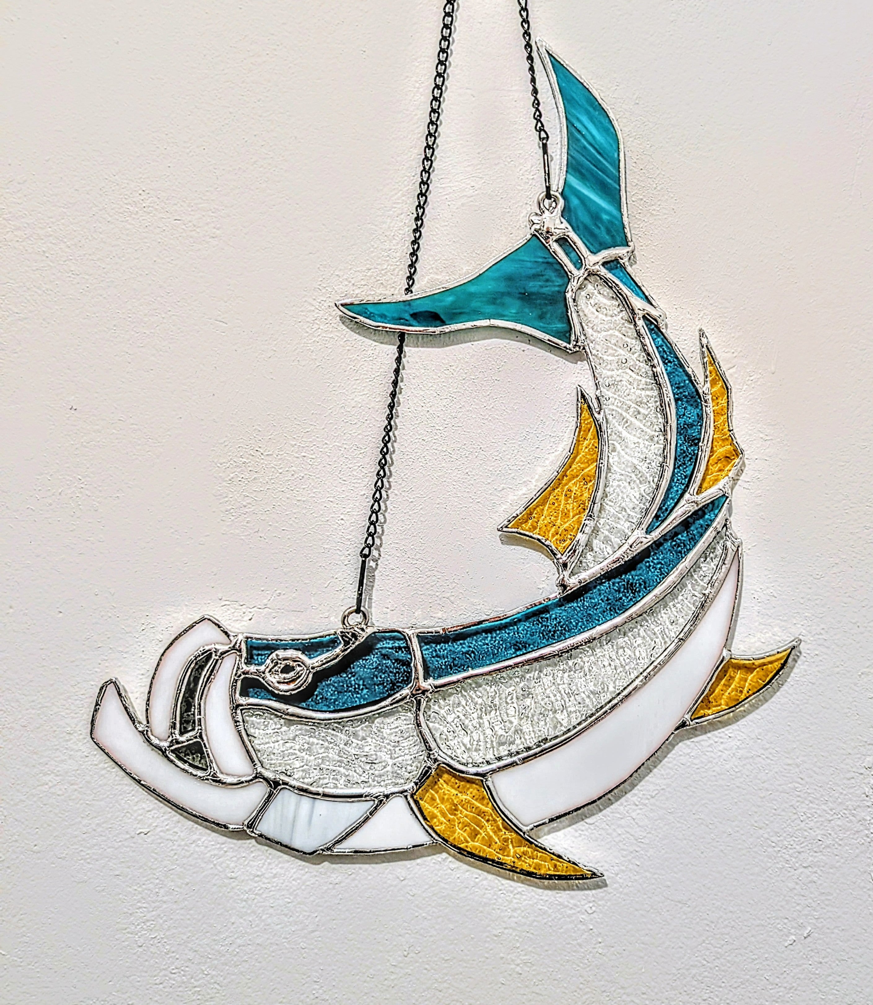 Stained Glass Tarpon Fish Suncatcher, Sportfishing Gift for Men, Coastal Beach House Window Decor, Florida Fly Fishing Art Panel (12W x 13H)