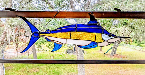 Large Stained Glass Marlin Suncatcher, Offshore Sportfishing Wall Art, Deep Sea Fisherman Gift for Men, Coastal House Decor (25x9)