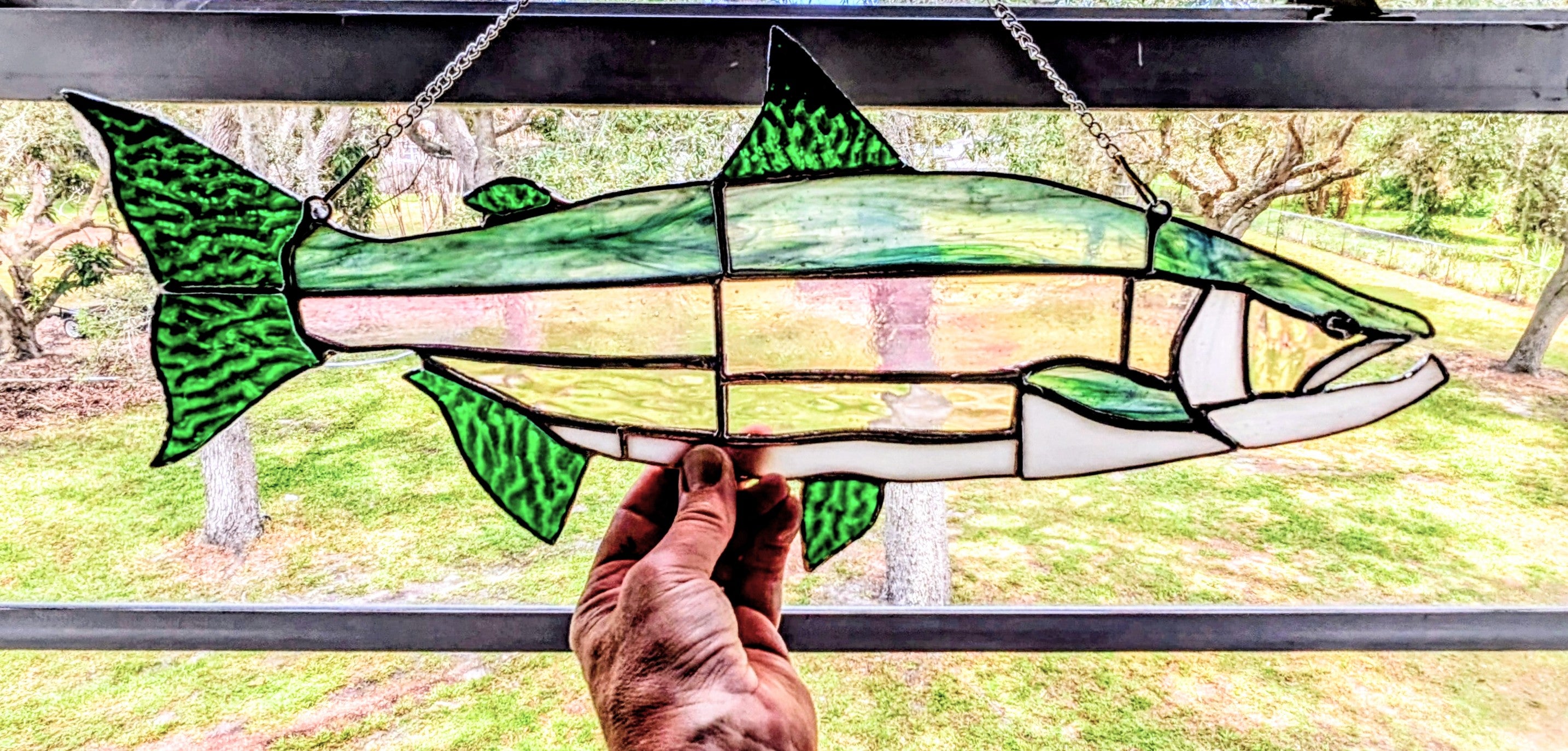 Stained Glass Lake Trout Suncatcher, Freshwater Fishing Gift for Men, Great Lakes Cabin Window Decor, Lake House Luxury Art Panel (20x8)
