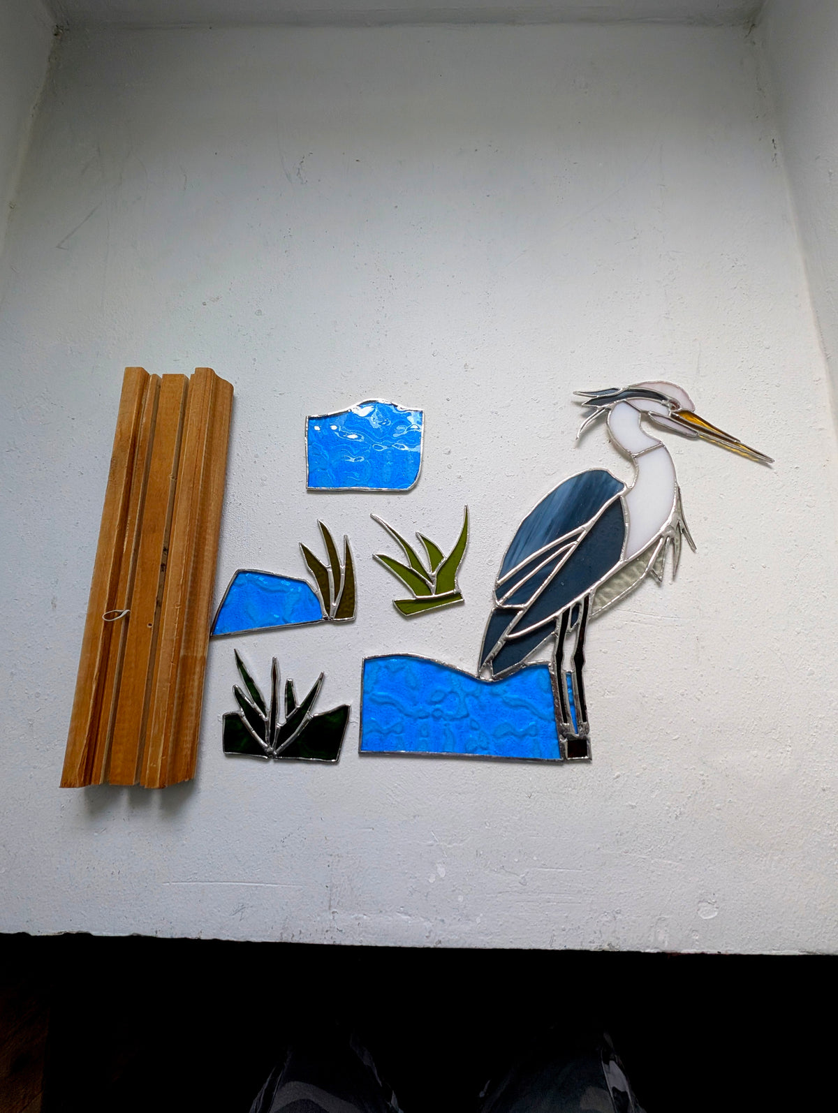 Stained Glass Blue Heron with Marsh and Water, Freestanding 5 piece set