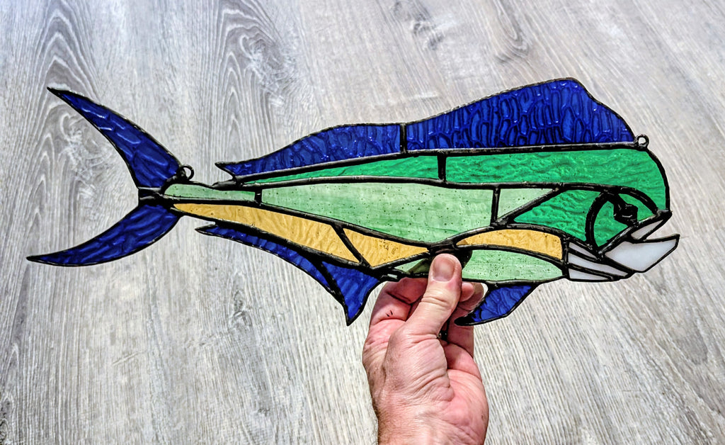 Stained Glass Mahi Mahi Fish Suncatcher, Coastal Window Art Hanging Panel, Saltwater Sportfish Wall Decor, Coastal Window Hanging, 17W x 8H