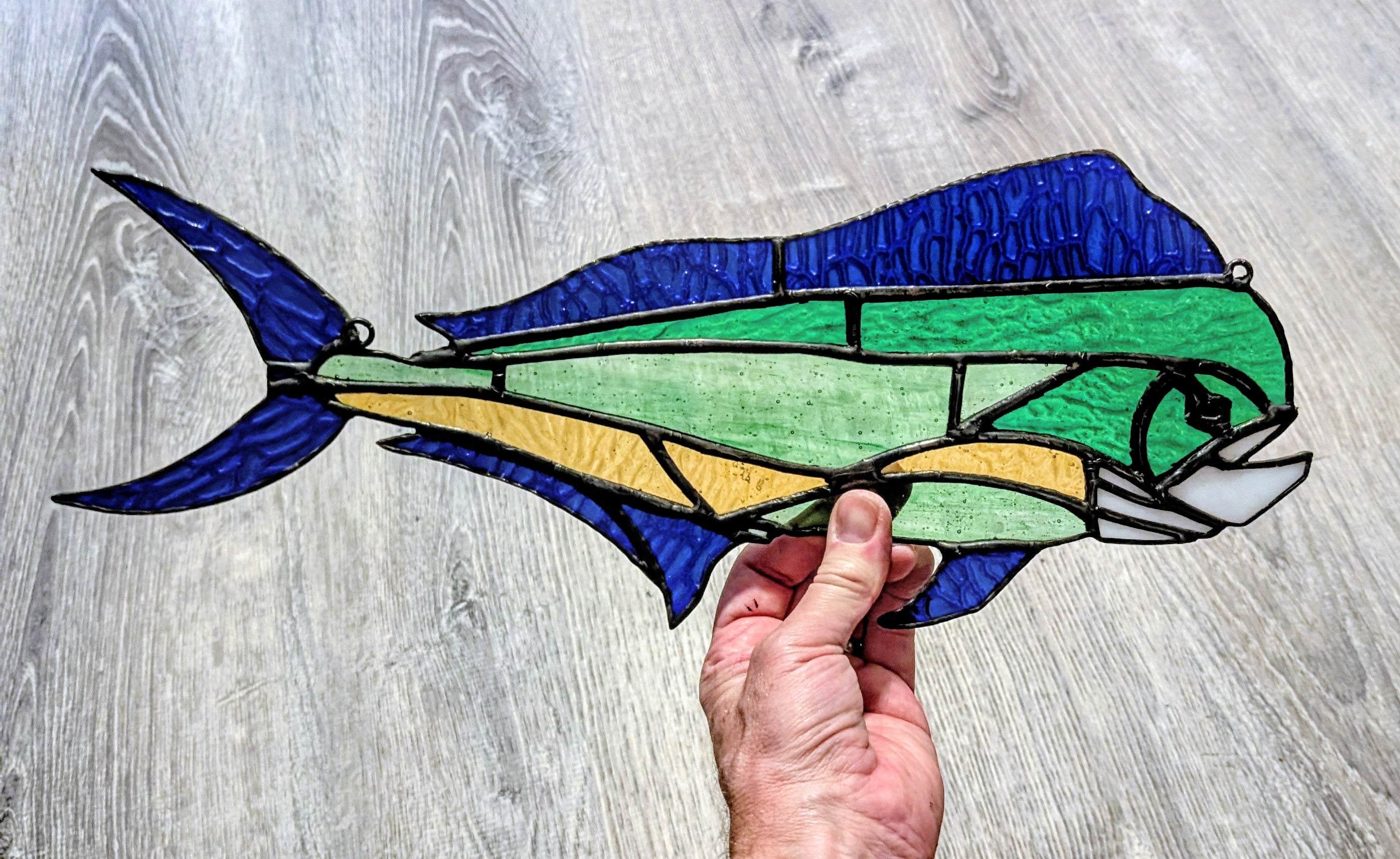 Stained Glass Mahi Mahi Fish Suncatcher, Coastal Window Art Hanging Panel, Saltwater Sportfish Wall Decor, Coastal Window Hanging, 17W x 8H