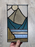 Stained Glass Mountain Suncatcher Panel, Sunset Landscape Window Hanging Art, Boho Cabin Decor, Lake House Panel Art, 5.5x8.5.