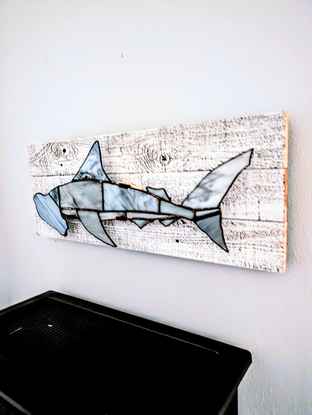 Stained Glass Hammerhead Shark on Driftwood Mount (26Wx10H)