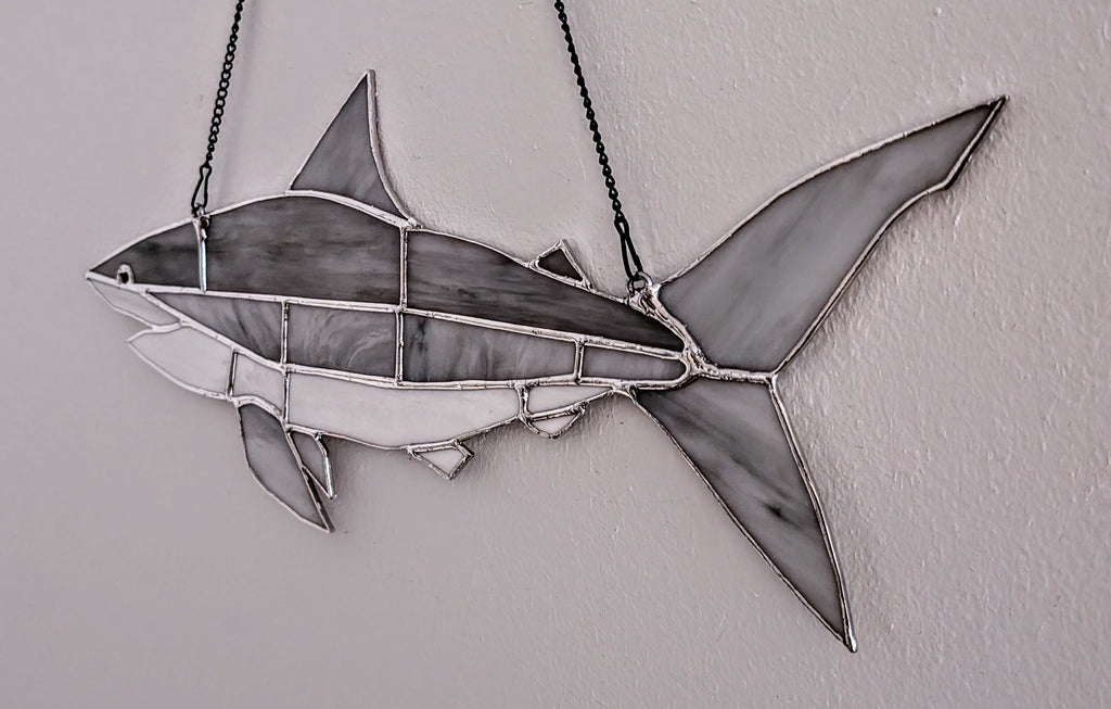 Stained Glass Mako Shark Suncatcher, Saltwater Fishing Gift, Modern Beach House Window Art, Coastal Marine Wildlife Decor Panel (21x7)