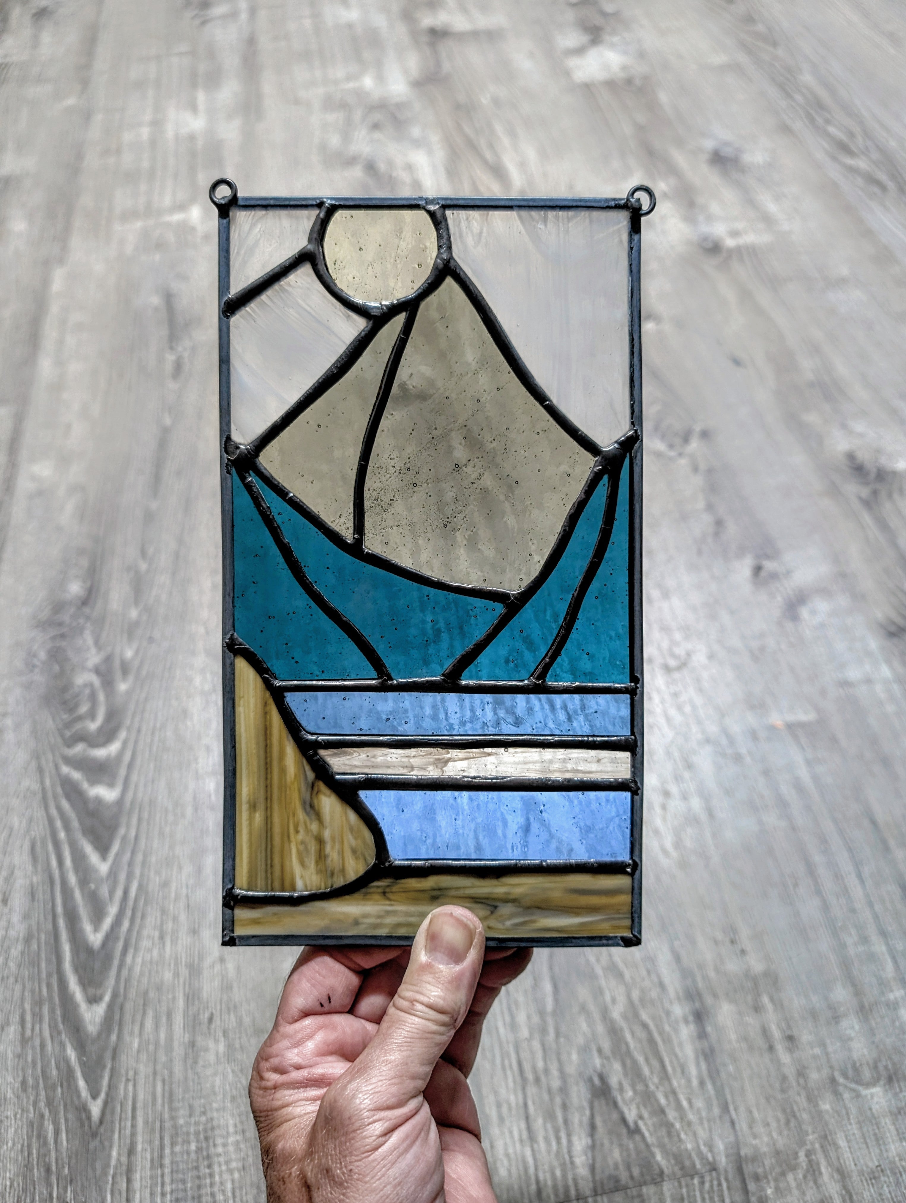 Stained Glass Mountain Suncatcher Panel, Sunset Landscape Window Hanging Art, Boho Cabin Decor, Lake House Panel Art, 5.5x8.5.