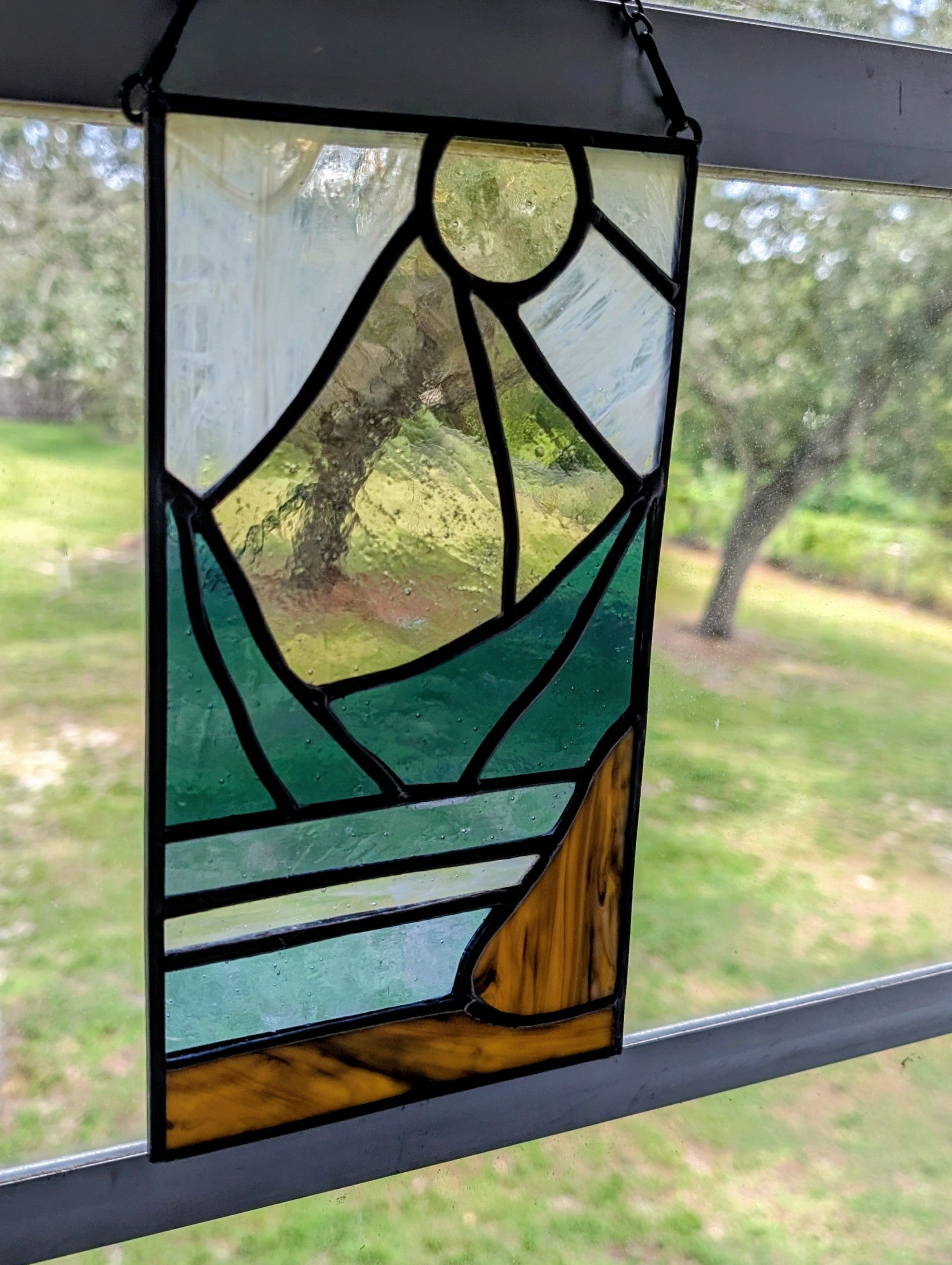 Stained Glass Mountain Suncatcher Panel, Sunset Landscape Window Hanging Art, Boho Cabin Decor, Lake House Panel Art, 5.5x8.5.