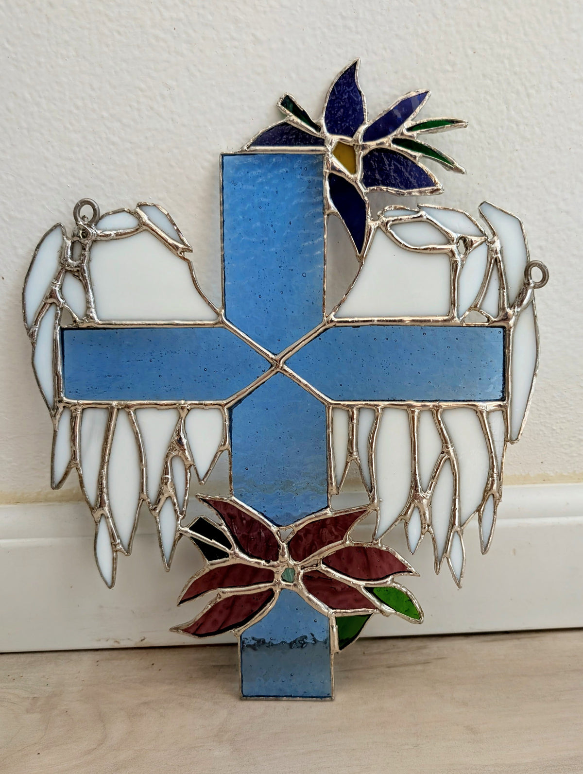Stained Glass Cross with Angel Wings & Flowers (9W x 11H)