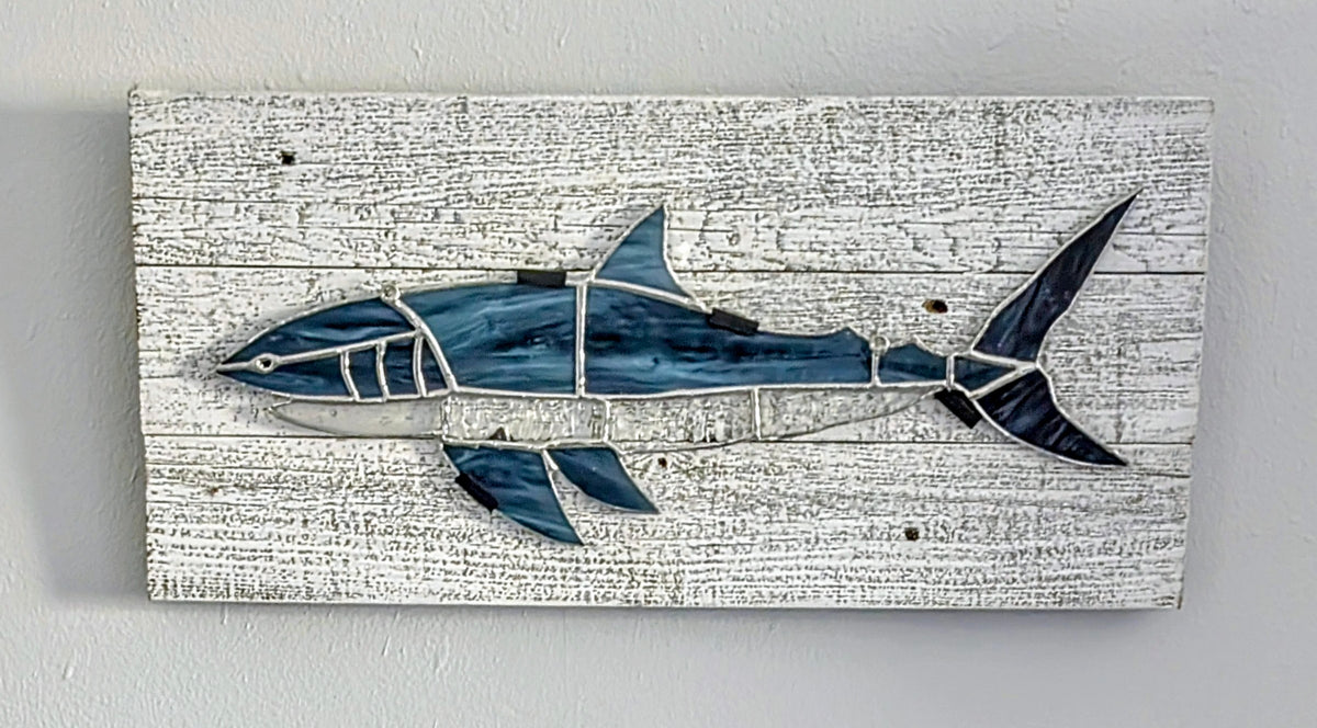 Stained Glass Great White Shark on Driftwood Mount (21W x 10H)