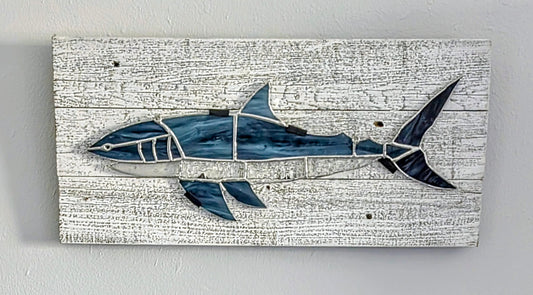 Stained Glass Great White Shark on Driftwood Mount (21W x 10H)
